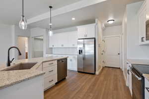 Kitchen featuring stainless steel appliances, wood finished floors, white cabinets, pendant lighting, and recessed lighting
