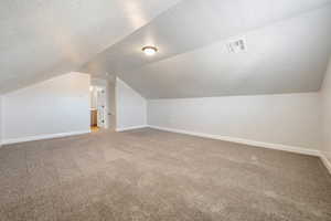 Additional living space with vaulted ceiling, carpet, and a textured ceiling