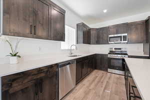 Kitchen featuring appliances with stainless steel finishes, dark brown cabinets, light wood-type flooring, and light countertops