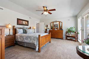 Bedroom featuring light carpet, access to exterior, and a ceiling fan