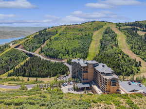 Bird's eye view of a nearby body of water and a forest