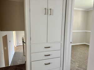 Detailed view of carpet flooring and ornamental molding