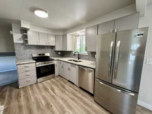 Kitchen featuring appliances with stainless steel finishes, open shelves, light wood finished floors, gray cabinets, and decorative backsplash