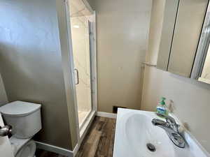 Bathroom featuring a shower stall, wood finished floors, and vanity