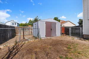 View of shed featuring a fenced backyard