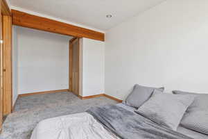 Carpeted bedroom with baseboards and a closet