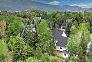 View of subject property featuring mountains and a heavily wooded area