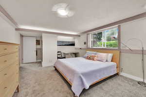 Bedroom with light carpet