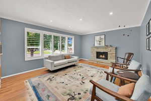 Living area featuring wood finished floors, a fireplace, and recessed lighting
