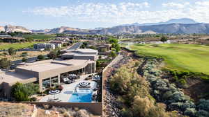 Aerial view of mountains and a golf course