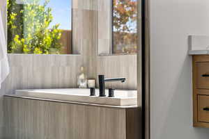 Detailed view of a bath and vanity