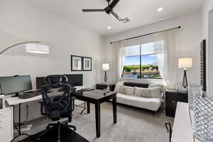 Home office featuring a ceiling fan and recessed lighting