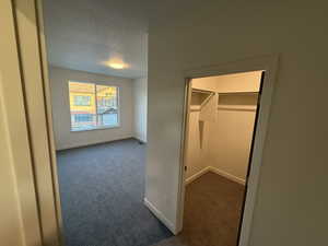 Unfurnished bedroom with dark colored carpet, a textured ceiling, and a spacious closet