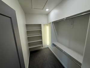 Walk in closet with dark carpet