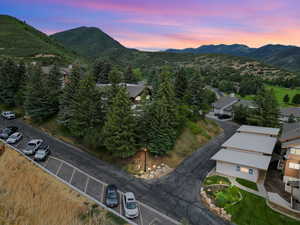 Aerial view at dusk of a mountain view