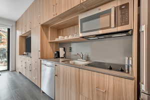 Kitchen with modern cabinets, stainless steel appliances, and light brown cabinetry