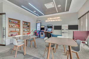 Recreation room with carpet flooring