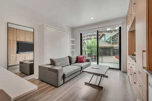 Living area with light wood-style flooring and recessed lighting