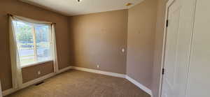 Spare room with light carpet and baseboards