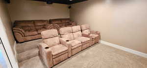 Home theater room featuring light colored carpet and baseboards