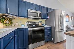Kitchen featuring blue cabinets, stainless steel appliances, vaulted ceiling, and dark wood-style flooring
