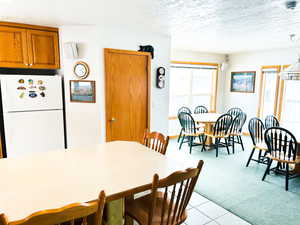 Dining area featuring light carpet, a textured ceiling, and light tile patterned floors