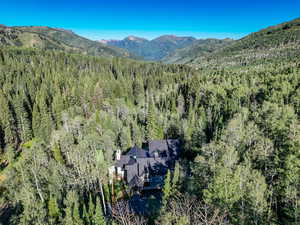View from above of property featuring a forest and a mountain backdrop