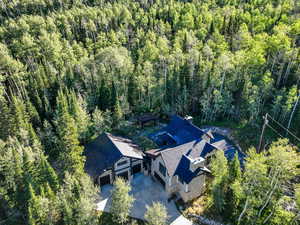Aerial view of property and surrounding area with a forest