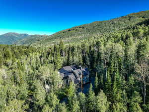 View of subject property featuring a forest and a mountain backdrop
