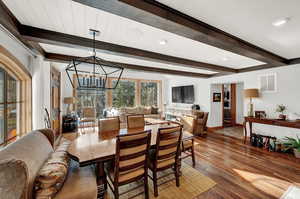 Dining room featuring beamed ceiling, wood-type flooring, and recessed lighting
