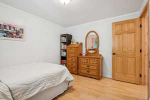 Bedroom featuring light wood finished floors and ornamental molding