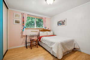 Bedroom featuring light wood-type flooring and ornamental molding