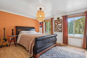 Bedroom with light wood-style flooring and ornamental molding
