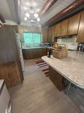 Kitchen featuring backsplash, a chandelier, freestanding refrigerator, light countertops, and a peninsula