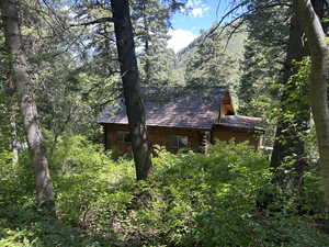 View of side of property with log siding, a forest view, and roof with shingles