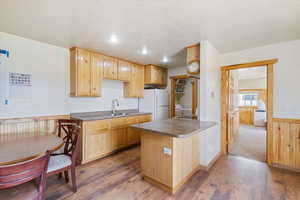 Kitchen with wood finished floors, light brown cabinetry, freestanding refrigerator, dark countertops, and a peninsula