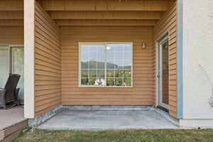 View of patio with a mountain view