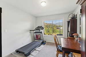 Exercise area with carpet floors and baseboards