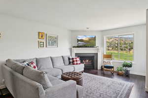 Living area featuring a tile fireplace and dark wood-type flooring