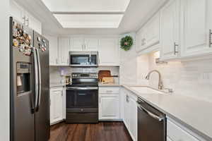 Kitchen featuring stainless steel appliances, light countertops, and white cabinetry