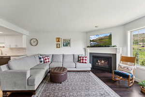 Living room with dark wood-type flooring, healthy amount of natural light, and a tile fireplace