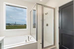 Full bathroom with a stall shower, a bath, and vanity