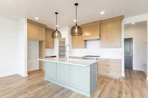 Kitchen featuring light countertops, premium range hood, light wood-type flooring, an island with sink, and tasteful backsplash