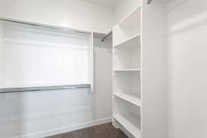 Walk in closet featuring dark colored carpet