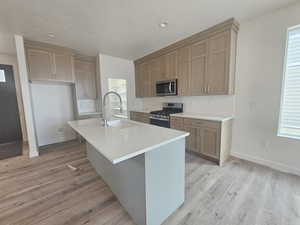 Kitchen with stainless steel appliances, light wood-type flooring, a center island with sink, light countertops, and tasteful backsplash
