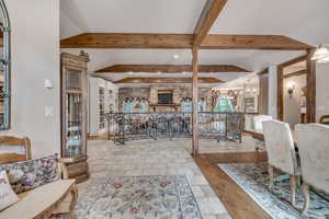 Living area featuring a chandelier, hardwood / wood-style flooring, and recessed lighting
