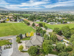 Aerial view of residential area with mountains