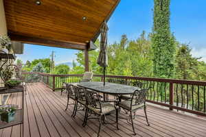 Wooden deck featuring outdoor dining area