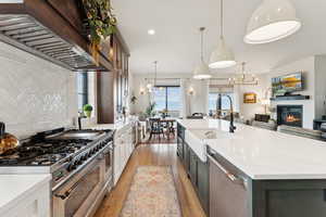 Kitchen with appliances with stainless steel finishes, premium range hood, light wood finished floors, a glass covered fireplace, and recessed lighting