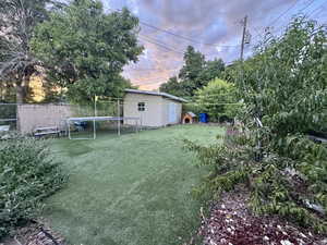 View of yard with a trampoline and an outdoor structure
